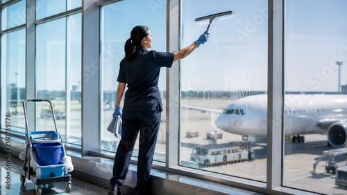 Female cleaner washing airport terminal windows with squeegee and cleaning equipment