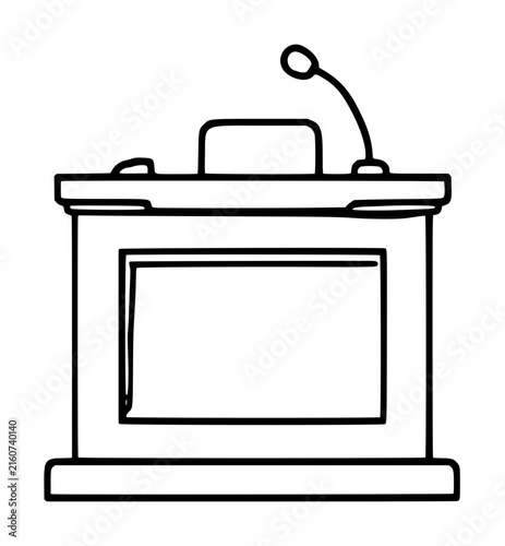 Hand-drawn vector icon illustration of a courtroom witness stand podium with gooseneck microphone, black outline sketch style for legal testimony, judicial proceedings, and law court hearings