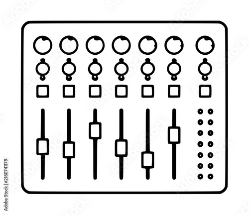 Hand-drawn black and white vector illustration of an audio mixer console featuring seven rotary knobs, square pads, and vertical slider faders arranged in a clean minimal line art style
