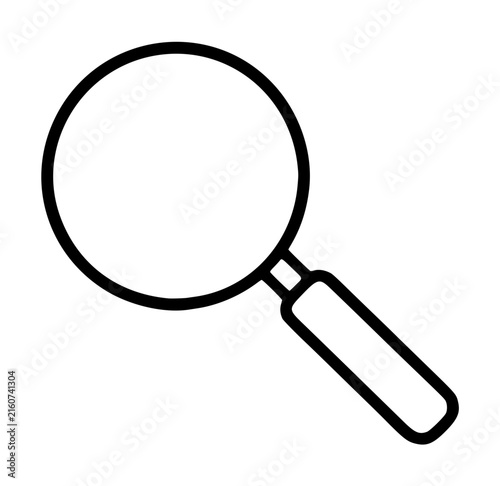 Hand-traced black and white vector illustration of a classic magnifying glass with a circular lens and rounded handle, perfect for search, discovery, inspection, and research themed graphic design