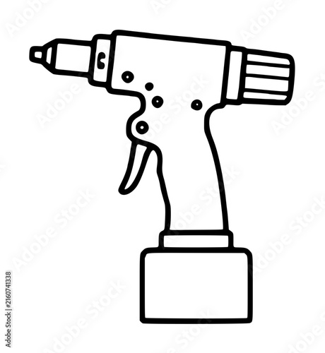 Hand traced black outline vector illustration of a cordless rivet gun tool with battery pack, minimalist line art icon style for industrial design