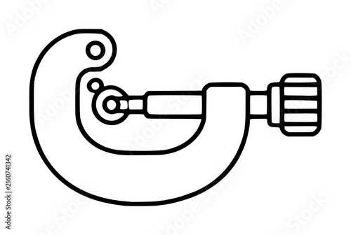 Minimalist hand-traced vector illustration of a C-clamp tubing cutter tool, black outline icon with adjustment knob and cutting wheel details, clean linework for industrial, plumbing, and DIY design