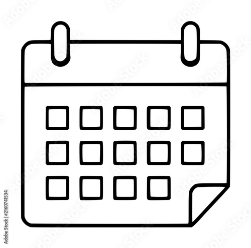 Clean monochrome vector illustration of a calendar sheet icon with grid date layout, ring binders, and curled corner perfect for scheduling and planner graphics