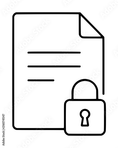 Hand-traced minimalist vector icon of a document with a padlock symbolizing data protection, encryption, and secure file access in clean black line art style