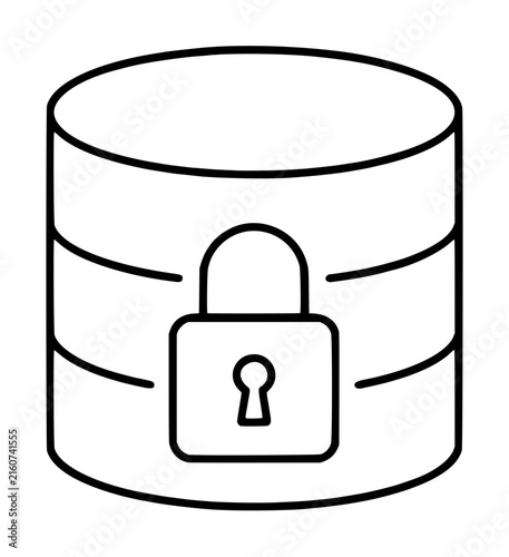 Hand traced vector icon illustration of a cylindrical encrypted database storage disk with padlock symbol showing data security protection outline style for technology graphics