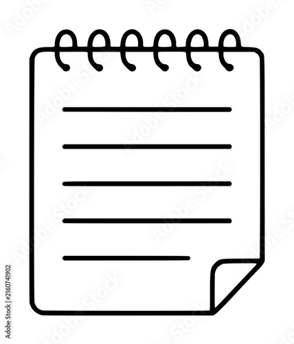Hand-drawn spiral notepad vector icon illustration with ruled lines and curled corner page, simple outline sketch style perfect for office, notes, and stationery design projects