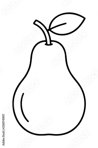 Hand traced black line vector icon illustration of a fresh pear with leaf and stem, simple minimalist fruit outline drawing on white background