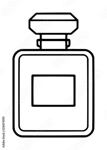 Hand-traced vector icon of a classic perfume bottle silhouette with stopper cap and blank label, elegant minimalist line art illustration for beauty branding