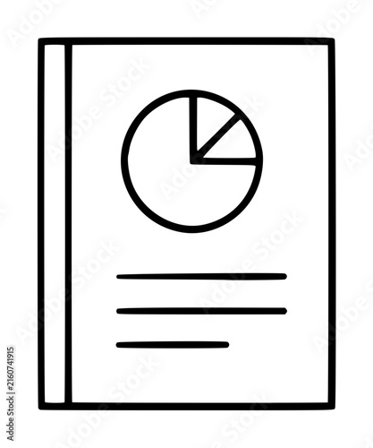 Minimalist vector icon of a business report cover featuring a circular pie chart and text lines. This professional illustration represents data analysis, financial documentation, and research.