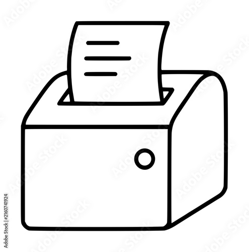 Professional minimalist black and white vector icon illustration of a thermal receipt printer machine with a paper slip emerging from the top, ideal for retail, business, and finance apps.