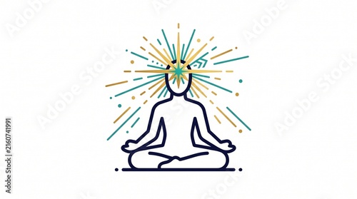 Stylized minimalist illustration of a meditating figure with a glowing third-eye star awakening aura on a white background