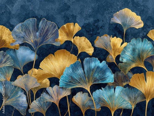 Vibrant Ginkgo Leaves in Blue Background.