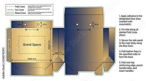 Flat layout diagram for a custom paper gift bag with assembly instructions