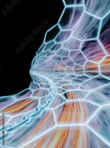 Hexagonal data grid with a glowing cyan chain, featuring blurred motion and vibrant light trails for a futuristic technology background with copy space