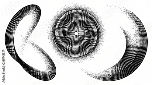Halftone stipple grain shapes with spiral vortex, abstract crescent and organic loop elements. Minimalist grainy texture noise set for retro y2k graphic design, poster art and branding accents.