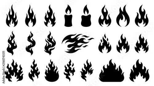 Flame Silhouette and Fire Icon Set. Black fire shapes in varied styles including old school tattoo, racing car decals, candle flames, bonfire sparks. Minimal stylish stencil graphic vector bundle.