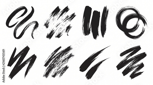 Hand-drawn black ink brush strokes, paint textures, and artistic marks in varied styles. Abstract sumi-e swirls, charcoal scribbles, dry paint swipes, and circle rings for grunge graphic design.