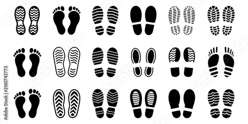 Bild auf Leinwand black footprint and shoe print icons on white background silhouette vector illus