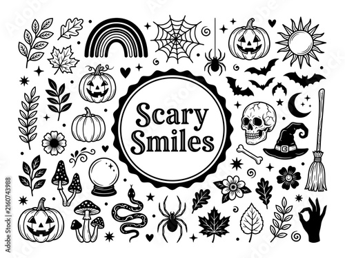 Halloween doodle vector set with scary smiles and creepy elements