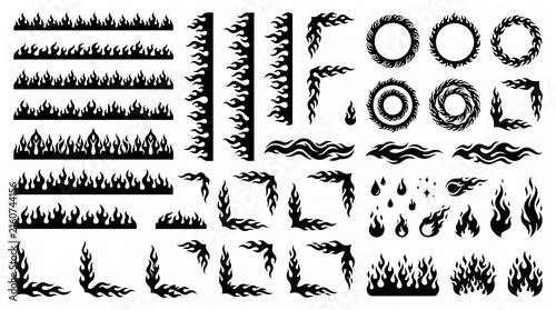 Flame Silhouette in classic style. Black fire and flame silhouette shapes in varied styles. Old school tattoo style or silhouette flame for cars. Minimal stylish fire silhouette. Vector graphic set.