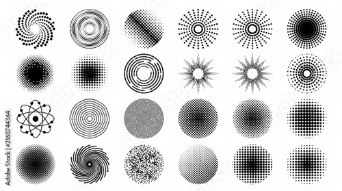 Halftone Circle Patterns and Radial Dot Textures. Abstract geometric screen tone shapes with spiral, stippling, noise effects for retro branding and comic book style vector graphic design assets.
