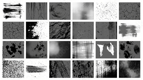 Comprehensive grunge texture collection featuring halftones, paint splatters, tire tread marks, cracked earth, ripped paper, fingerprints, ink stains, scratches, and distressed urban grit material.