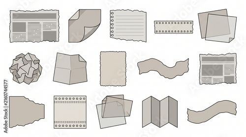 Torn paper pieces, crumpled sheets and notebook pages with lines. Ripped notebook paper scraps, blank newspaper clippings and curled notepad fragments. Flat neutral elements for collage mockup set.