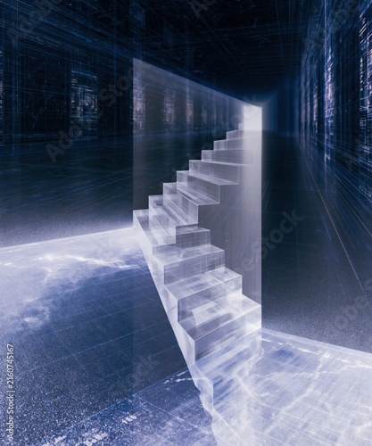 Glowing translucent staircase rising from a digital chart in a dark navy gallery, featuring cool reflections for business growth and fintech advertising
