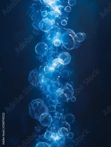 Abstract blue bubbles rising in dark water with glowing light effects.