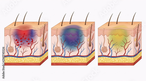 Medical illustration showing three skin cross sections with hair follicles, blood vessels, and varying levels of inflammation