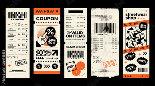 Streetwear receipts mockup set with retro print flyer templates for promo coupons, branding inserts, and packaging cards. Y2K style aesthetic featuring orange black robot barcode price tags.