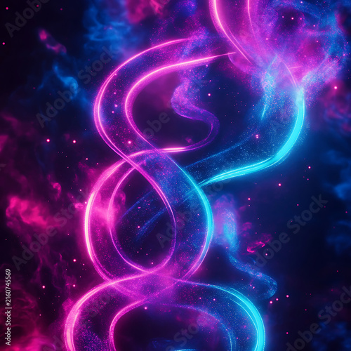 Abstract neon DNA helix glowing in a cosmic nebula.