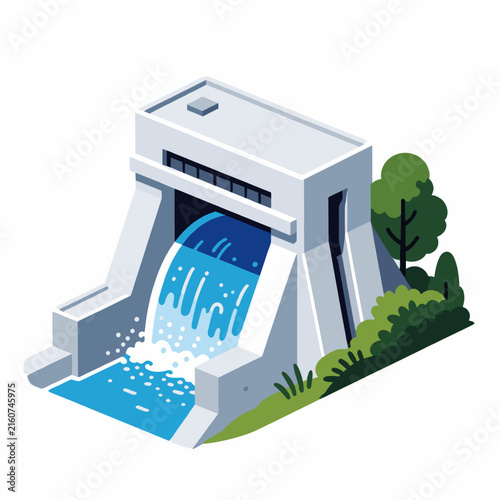 Water Flowing From Modern Dam in Lush Green Landscape Illustration