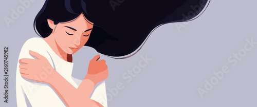 Woman Hugging Herself in Soft Pastel Background, Digital Illustration
