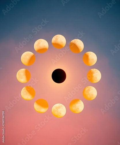 Golden lunar cycle with eight glowing phases surrounding a dark new moon, featuring a soft amber light and smoky background for meditation branding and copy space