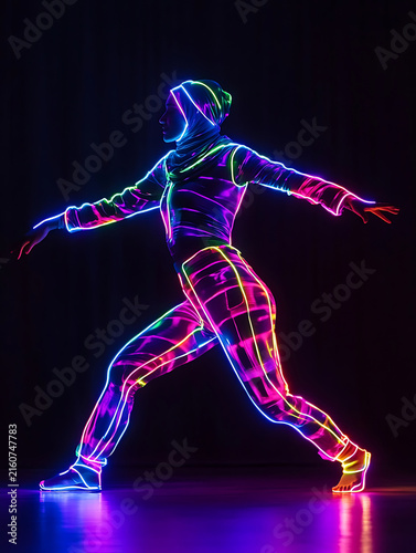 Dancer performing under vibrant neon lights in a dark studio.