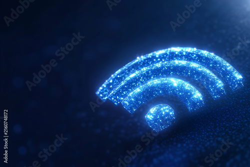 Glowing blue WiFi symbol made of particles on a dark background.