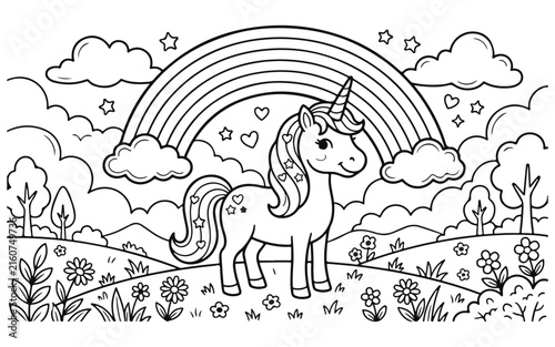 Cute unicorn standing in a beautiful flower meadow with a rainbow and fluffy clouds for kids coloring page