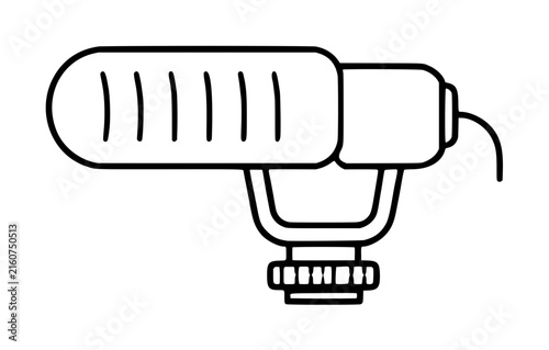 Hand-drawn black vector icon of a classic studio microphone with windscreen grille and mounting stand, isolated outline illustration, clean minimalist line art style with vintage broadcast equipment