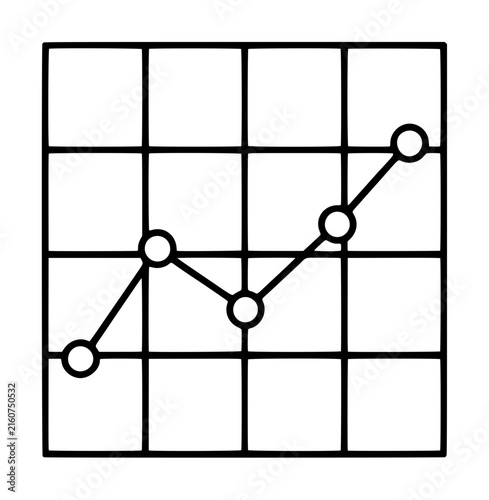 Hand-traced vector icon of a black line chart with circular data point markers plotted on a square grid background, depicting upward growth trend analysis in minimalist monochrome outline style