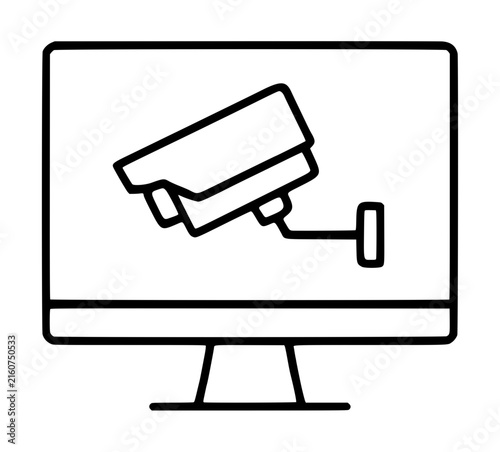 Hand-traced vector icon of a CCTV security camera displayed on a computer monitor screen, minimalist line illustration, surveillance and safety concept, isolated on white background, thin outline
