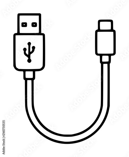 Hand-traced vector illustration of a USB charging cable with classic Type-A connector on one end and rectangular device plug on the other, minimalist line art icon design