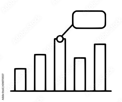 Hand-traced vector icon illustration of a bar chart with a callout annotation bubble pointing to the tallest bar, minimalist black line art on white background, suitable for data visualization,
