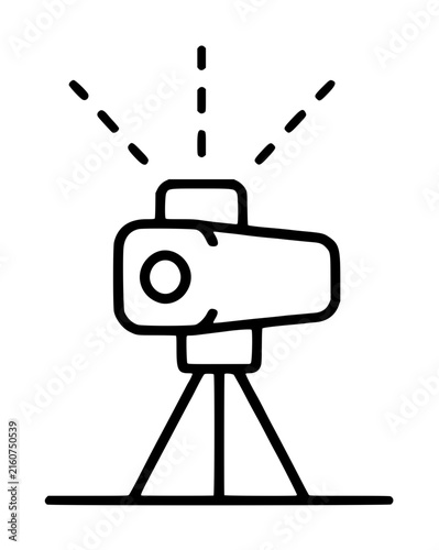 Hand-drawn line illustration of a vintage camera mounted on a tripod with antenna signals and dashed radio beams radiating upward, minimalist black outline vector icon style on a white background