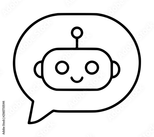 Friendly chatbot robot face inside speech bubble vector icon illustration hand drawn minimalist outline design for messaging app and conversational interface concept
