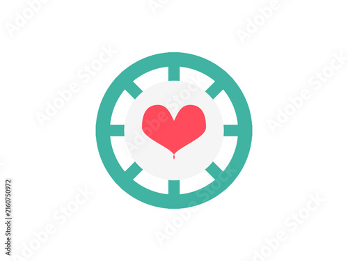 A minimalist graphic design featuring a vibrant red heart inside a green ring
