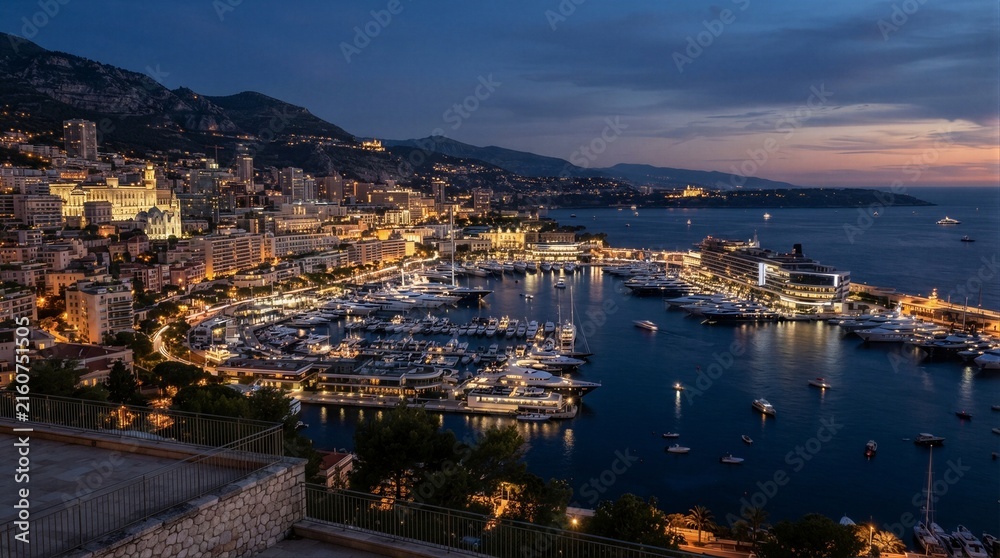 Fototapeta premium Yachts moored and lights glowing in coastal harbor at dusk