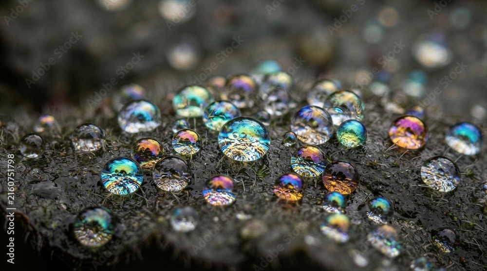 Fototapeta premium Water droplets resting on moss with iridescent reflections