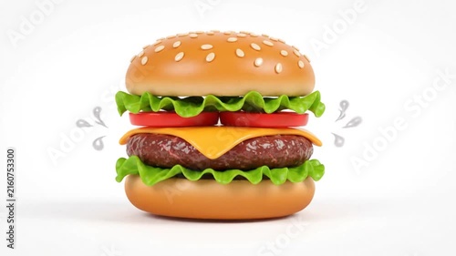 3D Cartoon Style Cheeseburger Assembly on White Background