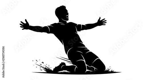 A winning athlete is kneeling on the green grass with arms wide open in a powerful moment of triumph and pure elation